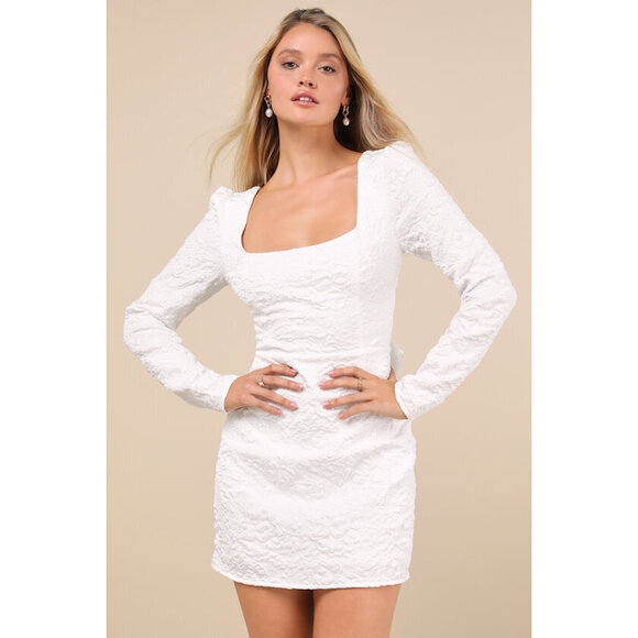 Lulus White Dress / Elevated Icon White Jacquard Long Sleeve Bow Mini Dress - Picture 1 of 3
